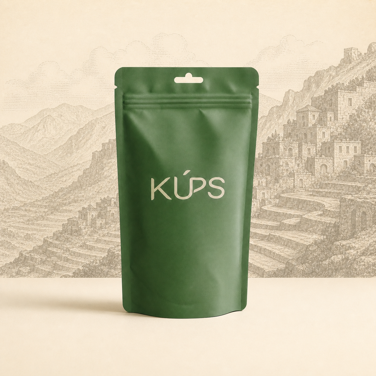 KÚPS Alchemy Wadi Jannat coffee pouch, set against the mountain terraces of Yemen