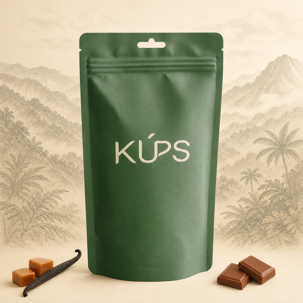KÚPS Blue Mountain coffee pouch, set against the misty mountains of Jamaica