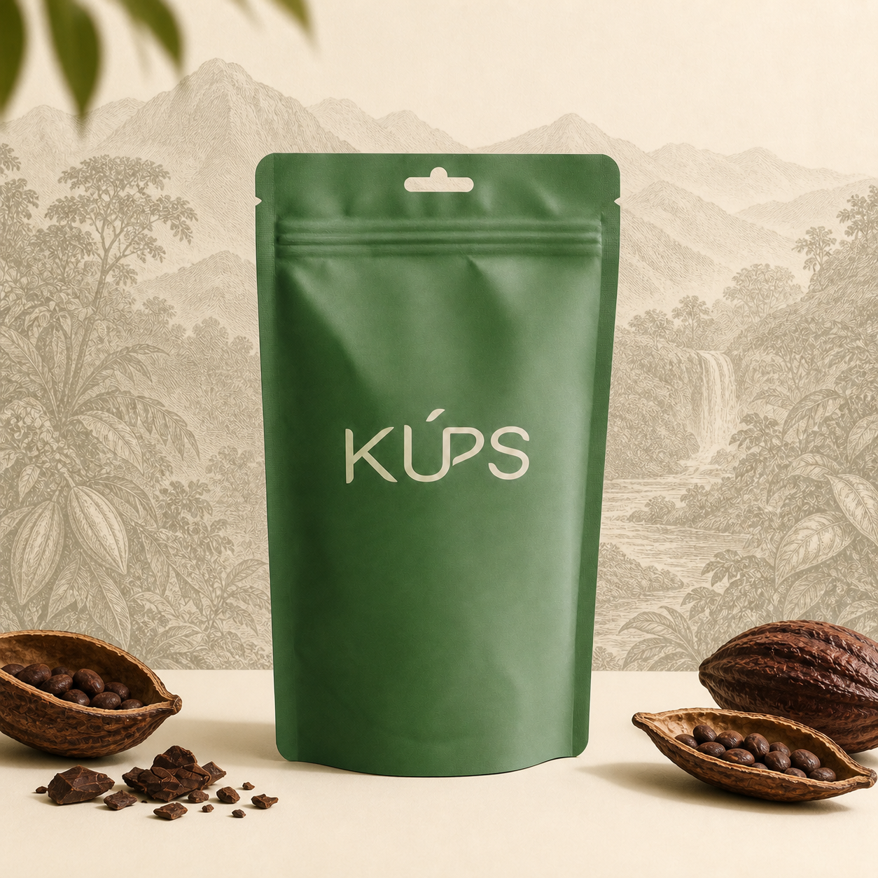 KÚPS El Triunfo decaf coffee pouch, set against the mountains of Chiapas