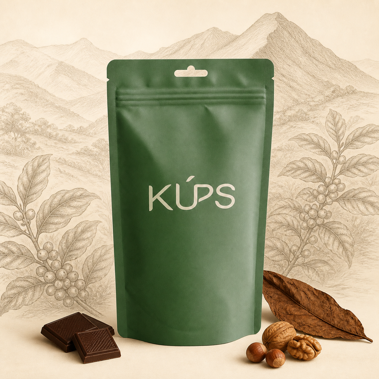 Sachet de café KÚPS Extra Tarquino sur un décor de la Sierra Maestra à Cuba