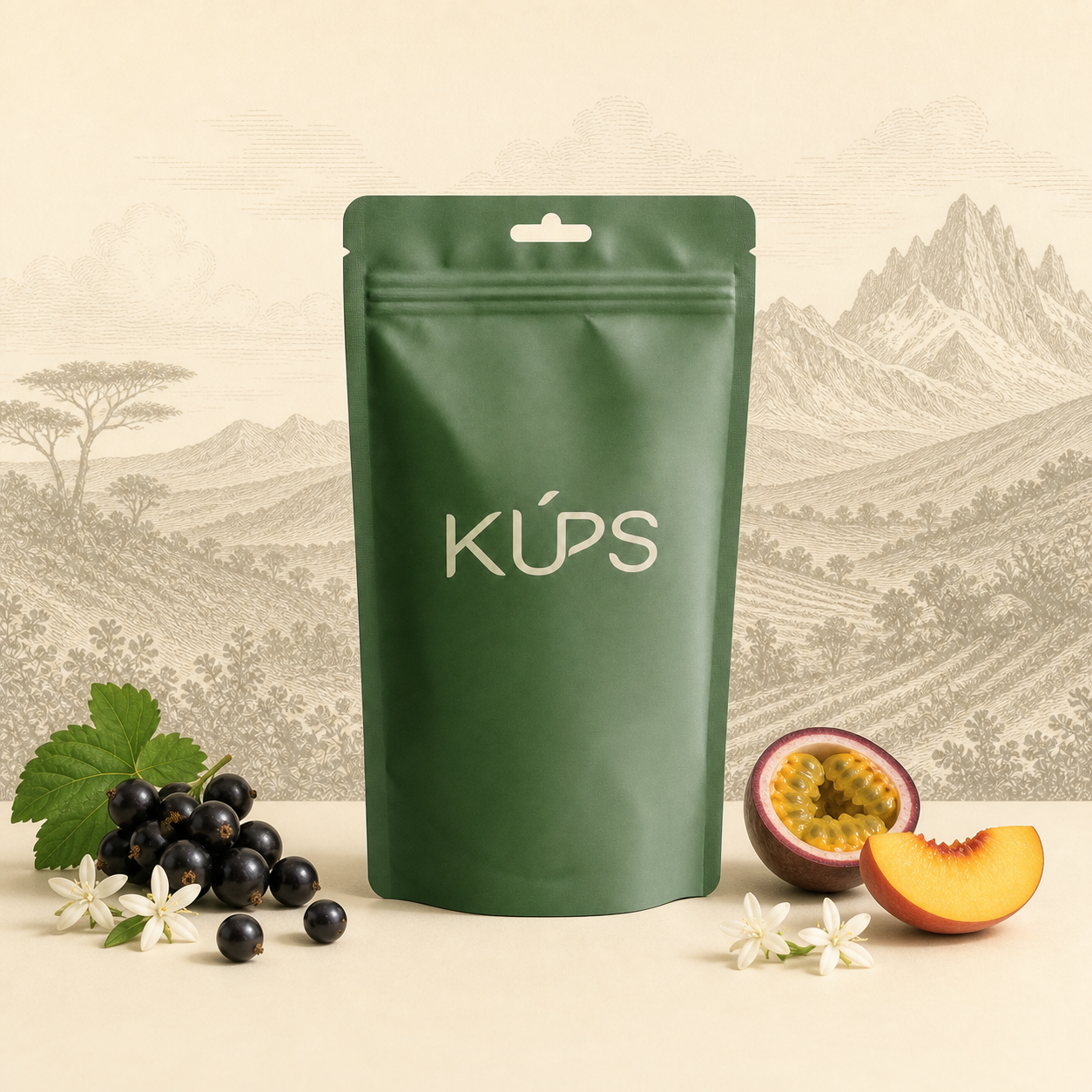 Sachet de café KÚPS Kirinyaga sur un décor des pentes du mont Kenya