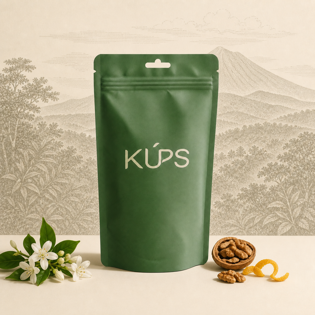 Sachet de café KÚPS Kitché sur un décor volcanique des hauts plateaux du Guatemala