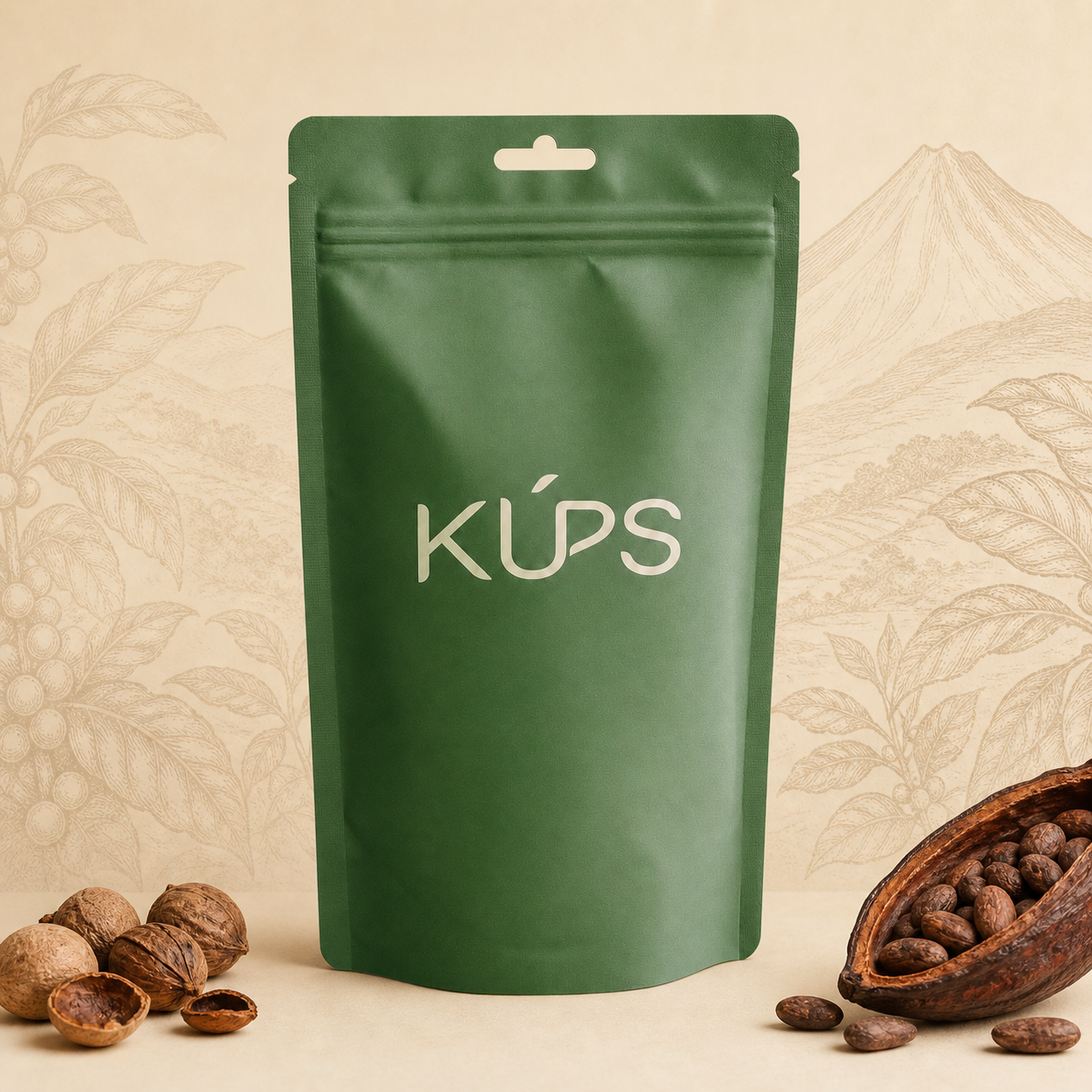 Sachet de café KÚPS Majahual sur un décor volcanique de Los Naranjos au Salvador