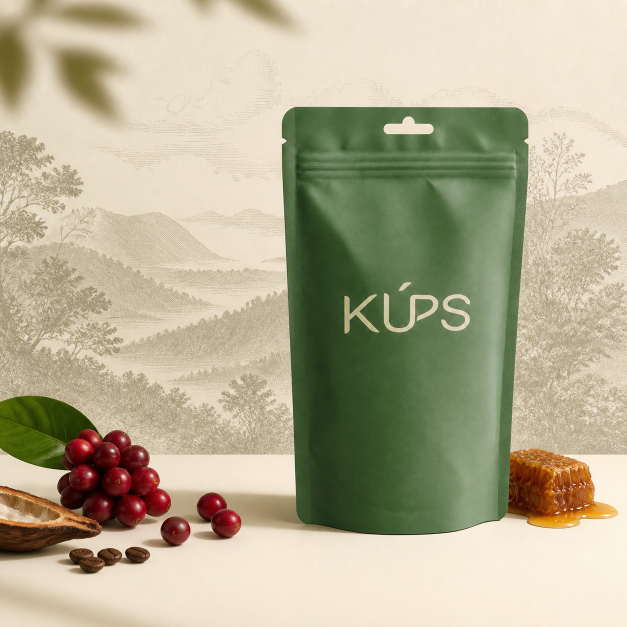 Sachet de café KÚPS Palanda, Équateur, sur un décor de montagnes de Zamora-Chinchipe